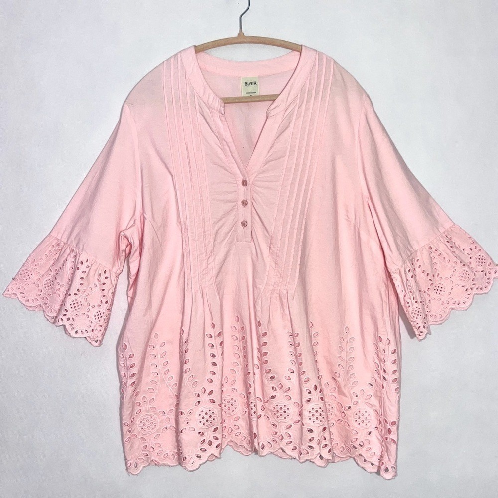 Blair Pink Embroidered Eyelet Cotton Blouse Top Scalloped Hem Women's XL